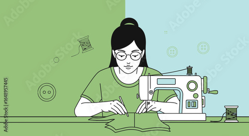 Creative Woman Making Clothes with Sewing Machine Illustration Style Design