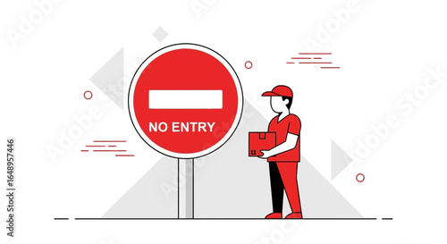 Deliveryman Facing No Entry Sign Logistics Challenges Last Mile Complications