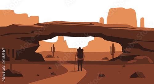 Desert Adventure: A Hiker's Journey Through The Arid Landscape Under Stone Arch
