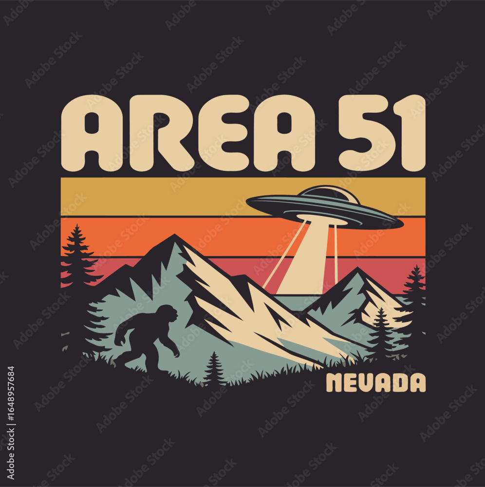 Area 51 Illustration: A retro-style illustration showcases the mystique of Area 51, featuring a UFO, silhouette of Bigfoot, and mountain backdrop, evoking curiosity and intrigue. Area 51 Illustration: A retro-style illustration showcases the mystique of Area 51, featuring a UFO, silhouette of Bigfoot, and mountain backdrop, evoking curiosity and intrigue.