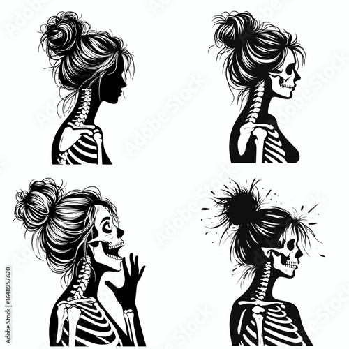 Female with messy bun Skeleton Amazed. Retro Vintage Cartoon Clipart Silhouette Vector Line Art Illustration. Woman sporting unkempt updo bony figure showing surprise reaction.