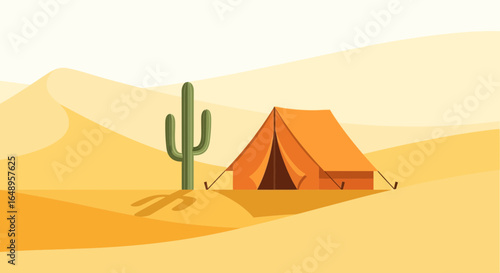 Desert camping vector illustration with sand dunes tent and cactus creating a serene and adventurous atmosphere