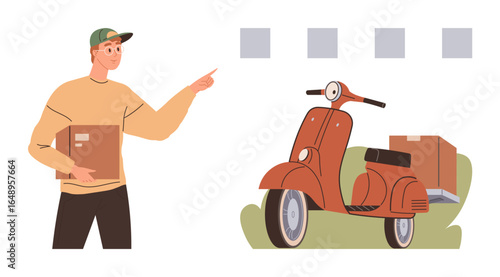 Courier with cap pointing at red scooter carrying boxes, ready for delivery. Ideal for logistics, shipping, transport, e-commerce, supply chain, delivery services modern business. Simple flat