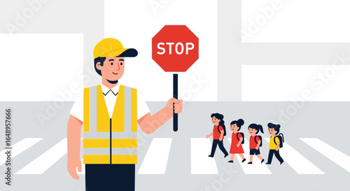 Crossing Guard Protects School Children At Pedestrian Crosswalk Safely