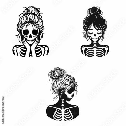 Female with messy bun Skeleton Blushing. Retro Vintage Cartoon Clipart Silhouette Vector Line Art Illustration. Woman disheveled hair knot skull ruddy cheek embarrassed face drawing.