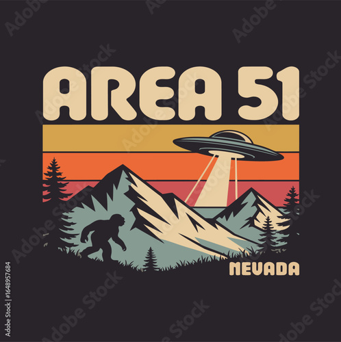 Area 51 Illustration: A retro-style illustration showcases the mystique of Area 51, featuring a UFO, silhouette of Bigfoot, and mountain backdrop, evoking curiosity and intrigue.