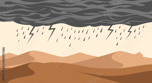 Desert Landscape During Thunderstorm With Heavy Rain And Lightning Strike