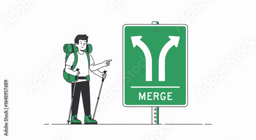Crossroads Choices: Hiker Decides Path At Merge Sign On His Journey Adventure