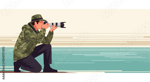 Crouched Photographer Capturing Scenic Landscape with Camouflage Apparel and Telephoto Lens