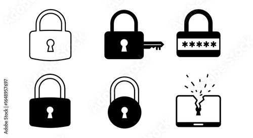 A vector set of monochrome security lock icons for password protection and data breach concepts