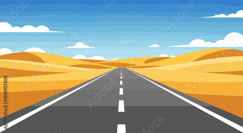 Desert Road Trip Under The Blue Sky With Clouds Flat Vector Illustration