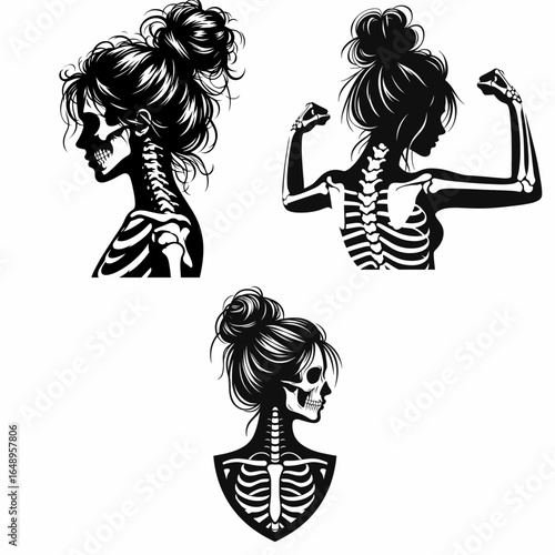 Female with messy bun Skeleton Defensive. Retro Vintage Cartoon Clipart Silhouette Vector Line Art Illustration. Woman sporting unkempt updo bony guardian protecting pose.