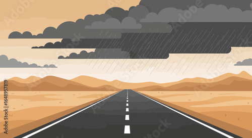 Desert Road Under Moody Sky And Stormy Weather For Advertising Usage