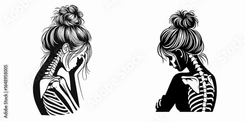Female with messy bun Skeleton Disoriented. Retro Vintage Cartoon Clipart Silhouette Vector Line Art Illustration. Woman having untidy chignon bone structure puzzled bewildered lost.