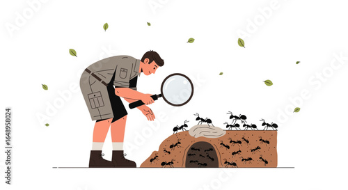 Curious Entomologist Inspecting an Anthill with Magnifying Glass Outdoors