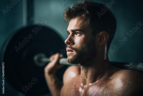 Focused muscular man lifting heavy barbell weights in gym with intense determination and sweat