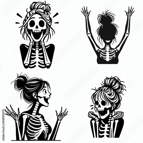 Female with messy bun Skeleton Excited. Retro Vintage Cartoon Clipart Silhouette Vector Line Art Illustration. Glad woman unkempt hair tied up as undead bone figure show joy.