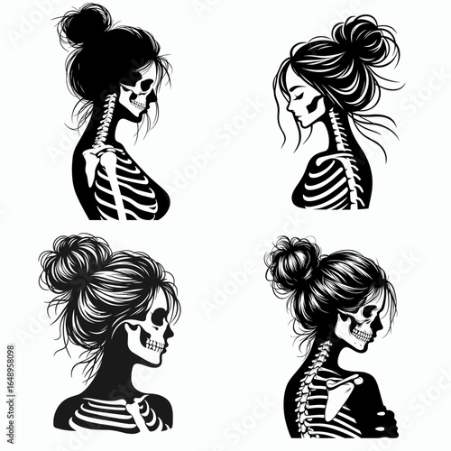 Female with messy bun Skeleton Envious. Retro Vintage Cartoon Clipart Silhouette Vector Line Art Illustration. Woman hairstyle bony physique green eyed.