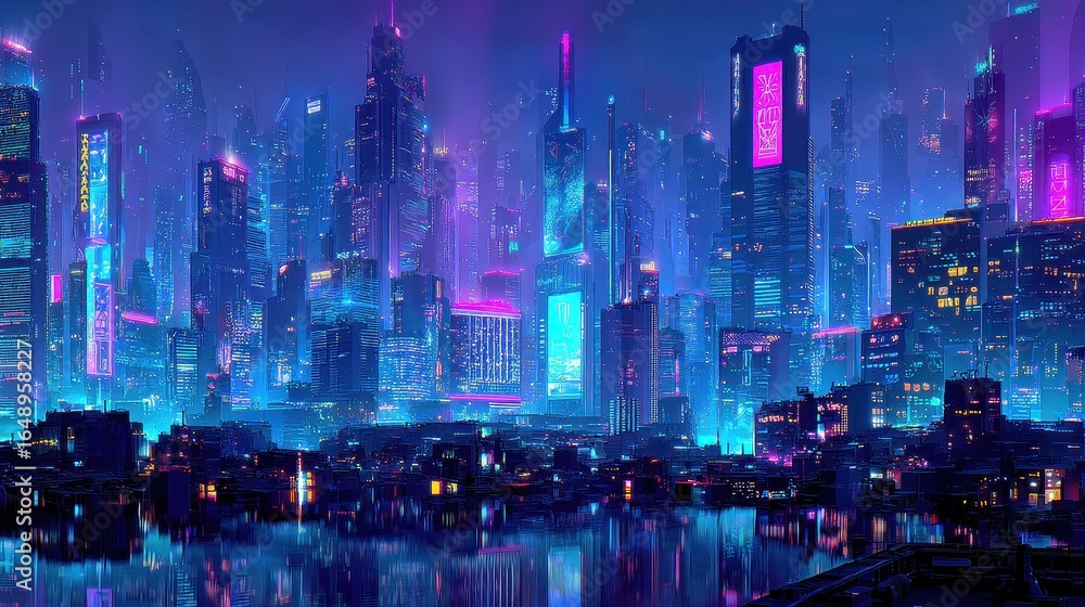 Obraz premium Neon cityscape at night, reflecting on water, futuristic buildings, urban fantasy art