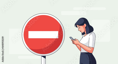 Digital Disconnect Apathy Modern Dilemma Illustration of Woman Using Smartphone Ignoring No Entry