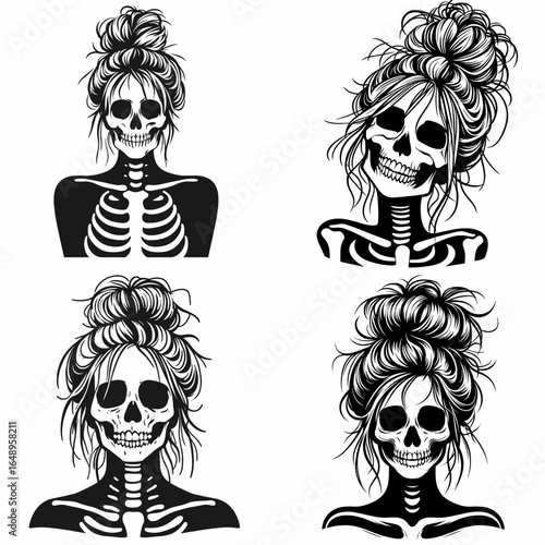 Female with messy bun Skeleton Grinning. Retro Vintage Cartoon Clipart Silhouette Vector Line Art Illustration. Woman having untidy hair knot boney person smiling.