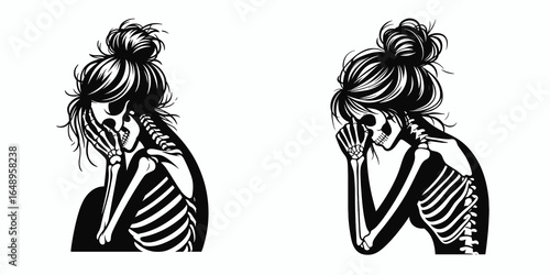 Female with messy bun Skeleton Guilty. Retro Vintage Cartoon Clipart Silhouette Vector Line Art Illustration. Woman sporting hairstyle bony figure affirmation of culpability fault.