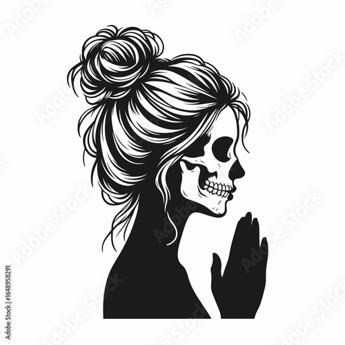 Female with messy bun Skeleton Hopeful Prayer. Retro Vintage Cartoon Clipart Silhouette Vector Line Art Illustration. Woman having untidy hair knot human remain trusting wish spiritual.