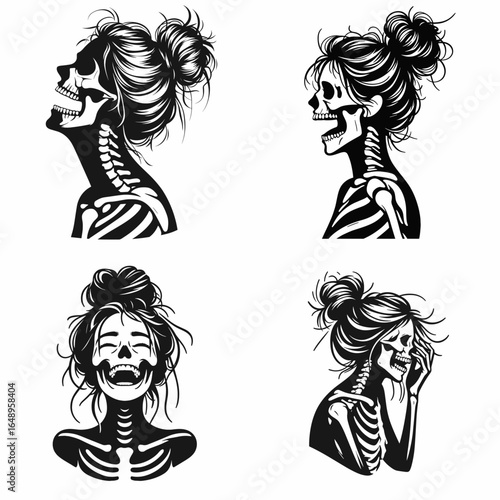 Female with messy bun Skeleton Laughing. Retro Vintage Cartoon Clipart Silhouette Vector Line Art Illustration. Woman sporting disarrayed hairdo bony figure giggle humor amusement.