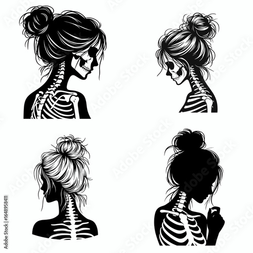 Female with messy bun Skeleton Lonely. Retro Vintage Cartoon Clipart Silhouette Vector Line Art Illustration. Woman sporting untidy topknot skull isolated sad individual character.