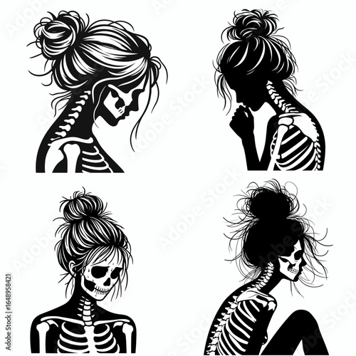 Female with messy bun Skeleton Nervous. Retro Vintage Cartoon Clipart Silhouette Vector Line Art Illustration. Woman untidy hairdo bony structure anxious apprehensive.