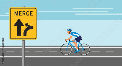 Cyclist Approaches Merge Sign on Road with Minimalist Blue Background