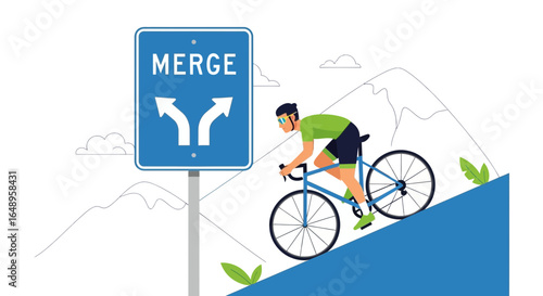 Cyclist Approaches Merge Sign While Ascending a Hill During Outdoor Ride