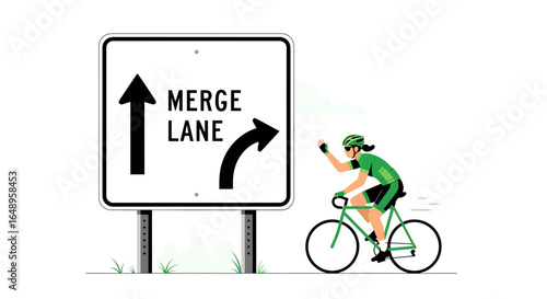 Cyclist Approaching Merge Lane Sign Alert And Safe Driving Awareness