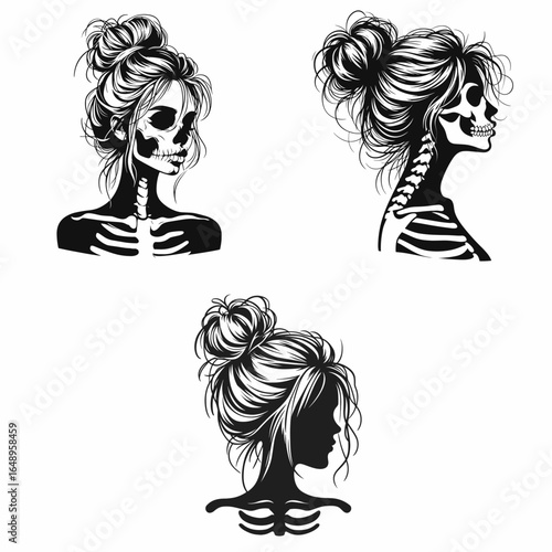 Female with messy bun Skeleton Pouting. Retro Vintage Cartoon Clipart Silhouette Vector Line Art Illustration. Woman sporting disheveled hairknot bony figure a grimace expression.