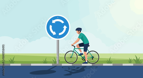 Cyclist Approaching Roundabout On Sunny Day Shows Urban Mobility Concept