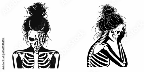Female with messy bun Skeleton Regretting. Retro Vintage Cartoon Clipart Silhouette Vector Line Art Illustration. Woman sporting untidy hair knot boney physique feeling remorseful.
