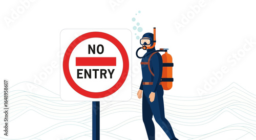 Diver Encountering A Restricted Zone In The Ocean Needing To Change Course