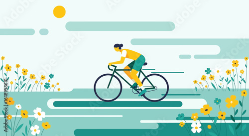 Cyclist Enjoying A Serene Ride Through A Blooming Flower Field In Spring