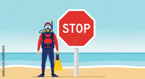 Diver Encountered Stop Sign At Beach, Cautionary Message, Underwater Risks