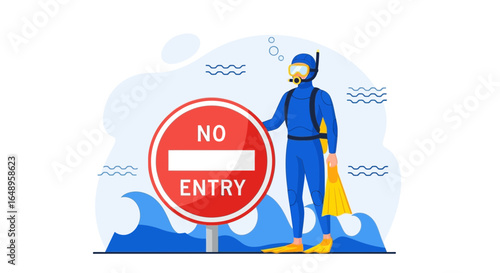 Diver Encountering No Entry Sign Underwater Exploring Forbidden Zones Safety Measures