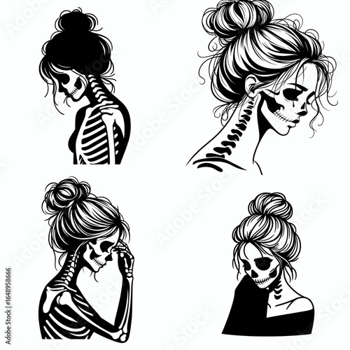 Female with messy bun Skeleton Sad. Retro Vintage Cartoon Clipart Silhouette Vector Line Art Illustration. Woman sporting untidy hair knot bony figure feeling unhappy a mournful emotion.