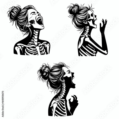 Female with messy bun Skeleton Screaming in Joy. Retro Vintage Cartoon Clipart Silhouette Vector Line Art Illustration. Lady sporting untidy knot dead bone yelling delight expression.