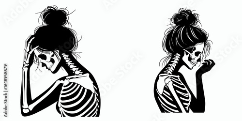 Female with messy bun Skeleton Showing Off. Retro Vintage Cartoon Clipart Silhouette Vector Line Art Illustration. Woman having disheveled coil bony structure display anatomy illustration.