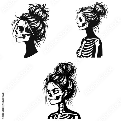 Female with messy bun Skeleton Sarcastic. Retro Vintage Cartoon Clipart Silhouette Vector Line Art Illustration. Woman undone hair bony figure ironic humor human skull.