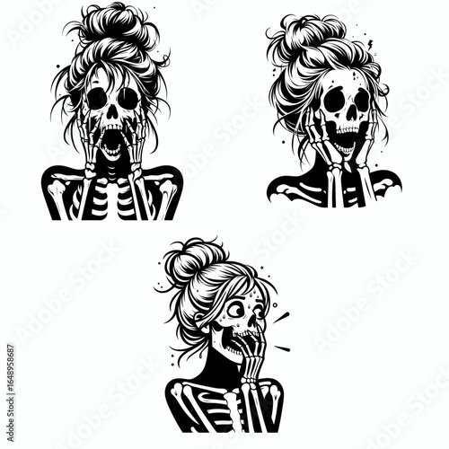 Female with messy bun Skeleton Shocked and Frozen. Retro Vintage Cartoon Clipart Silhouette Vector Line Art Illustration. Woman untidy hair knot bony remains surprised ice cold.