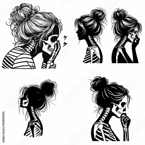 Female with messy bun Skeleton Sighing. Retro Vintage Cartoon Clipart Silhouette Vector Line Art Illustration. Woman having unruly hair bone figure breathing heavily expressing frustration.