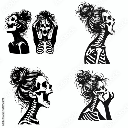 Female with messy bun Skeleton Screaming. Retro Vintage Cartoon Clipart Silhouette Vector Line Art Illustration. Woman untidy hair knot bone figure yelling shout of distress.