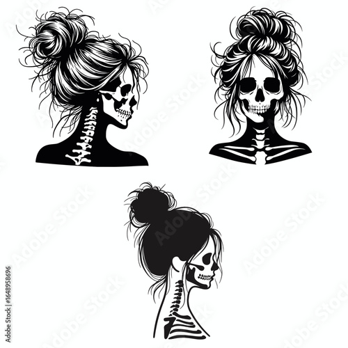 Female with messy bun Skeleton Surly. Retro Vintage Cartoon Clipart Silhouette Vector Line Art Illustration. Woman sporting undone hair updo bone structure grumpy expression.