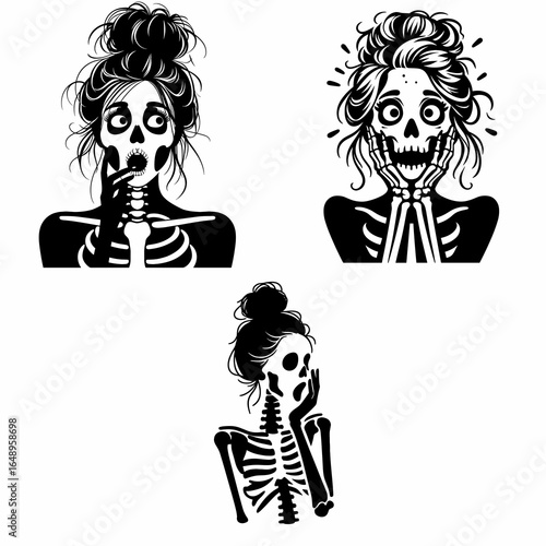 Female with messy bun Skeleton Surprised. Retro Vintage Cartoon Clipart Silhouette Vector Line Art Illustration. Woman sporting casual hairdo bony figure astonished expression.