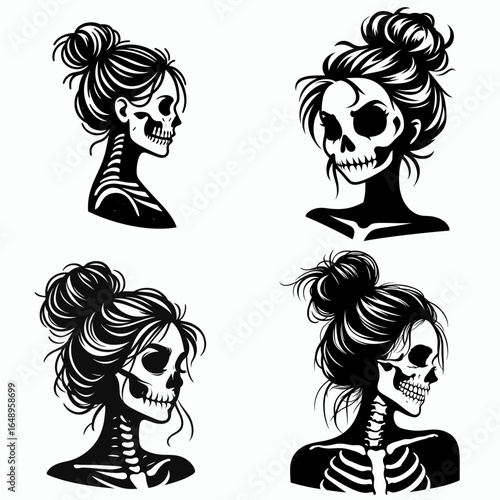 Female with messy bun Skeleton Smirking. Retro Vintage Cartoon Clipart Silhouette Vector Line Art Illustration. Woman sporting hair knot skeletal face grinning humorous spooky.